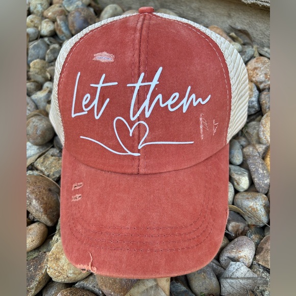 Rust orange high ponytail Hat with Let them - Picture 1 of 2